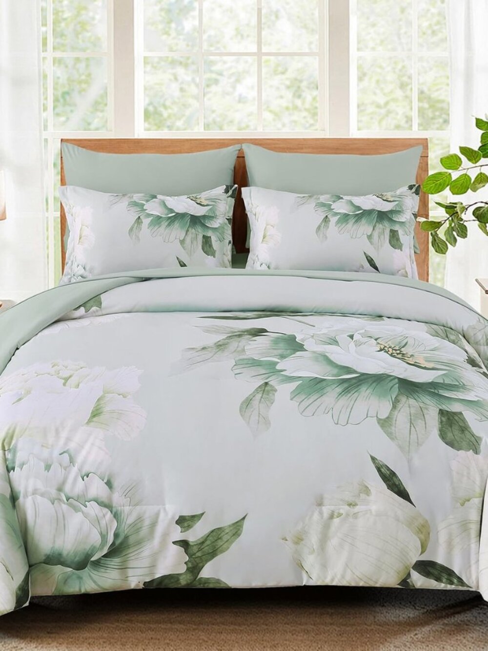 Floral Comforter Set Queen, 7 Piece Sage Green Bed in a Bag